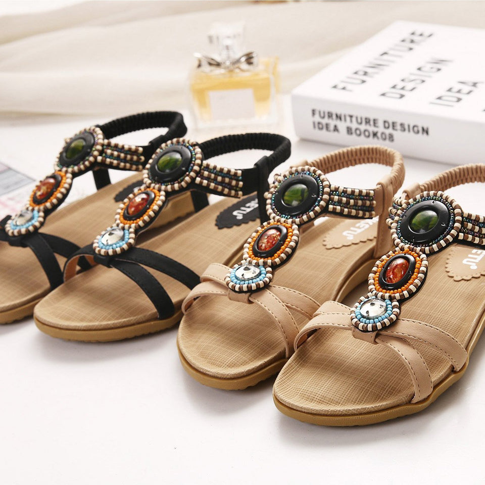 Bohemian Beads Crisscross Strap with Soft Insole Flat Sandals-Diivas