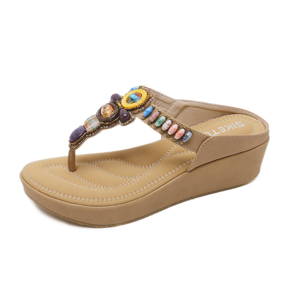 Bohemian Beads & Gems Wedge Comfortable Sole Summer Sandals in Two Colors-Diivas