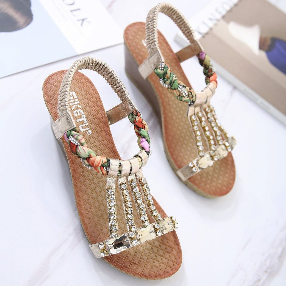 Chic Colorful Braided Straps with Rhinestones Fashionable Wedge Sandals-Diivas