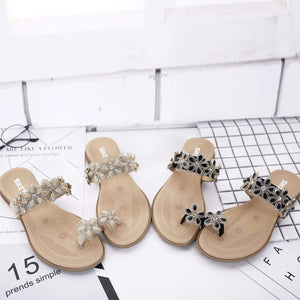 Flowered Rhinestone Toe Ring Femme Flat Sandals in Two Colors-Diivas